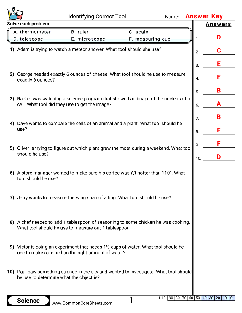 using scientific tools Worksheets - Identifying Correct Tool worksheet