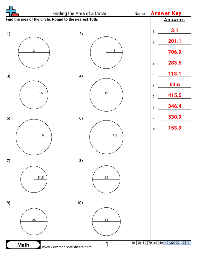 Area & Perimeter Worksheets - Area of Circle worksheet