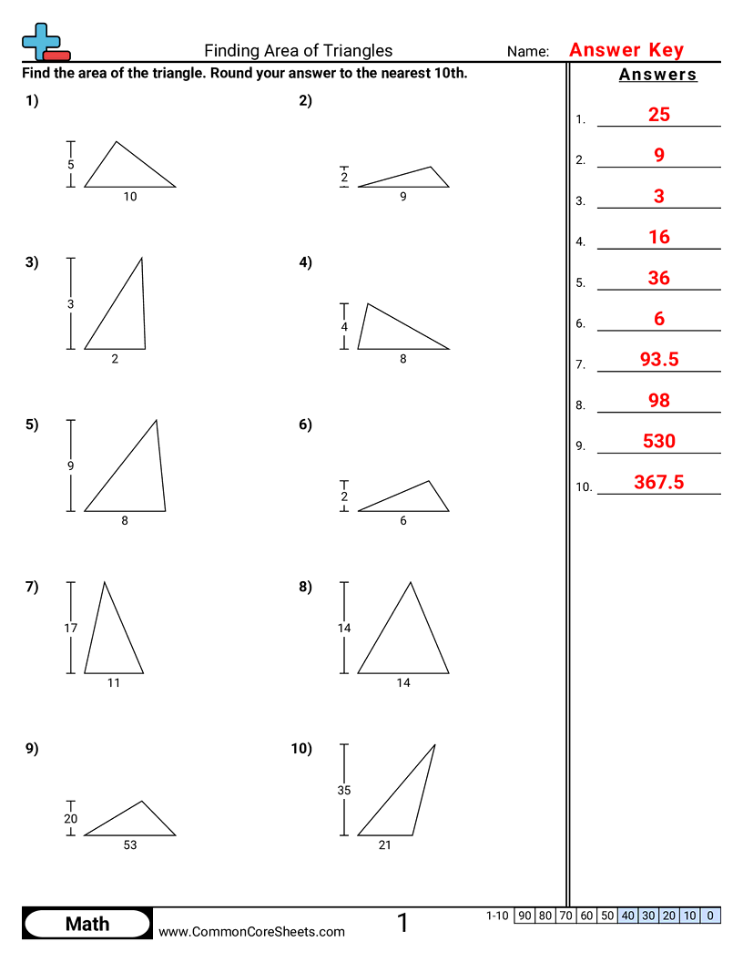 Area & Perimeter Worksheets - Area of Triangles (base and height) worksheet