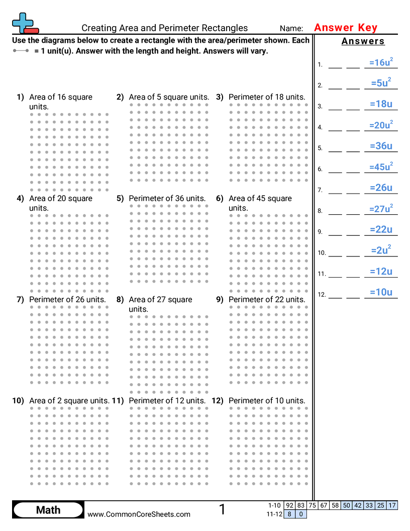 3md8 Worksheets - Creating Area and Perimeter Rectangles worksheet