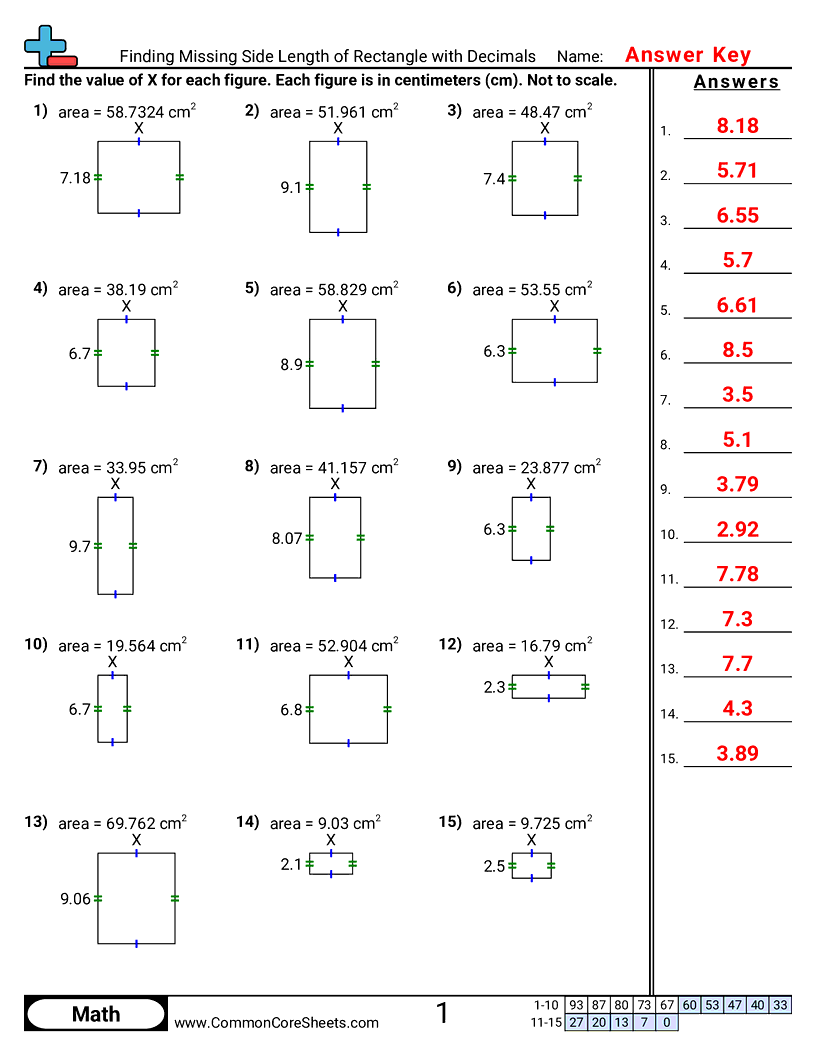 Area & Perimeter Worksheets - Finding Missing Side Length of Rectangle with Decimals worksheet