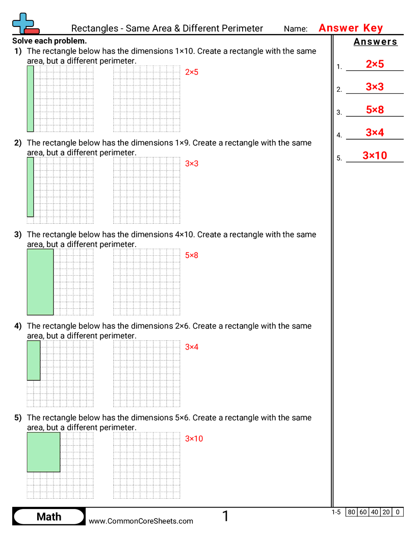 3md8 Worksheets - Rectangles - Same Area & Different Perimeter worksheet