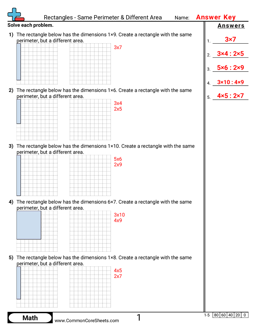 3md8 Worksheets - Rectangles - Same Perimeter & Different Area worksheet