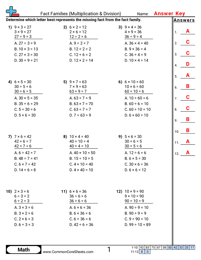 3oa4 Worksheets - find-missing-fact-multiple-choice worksheet