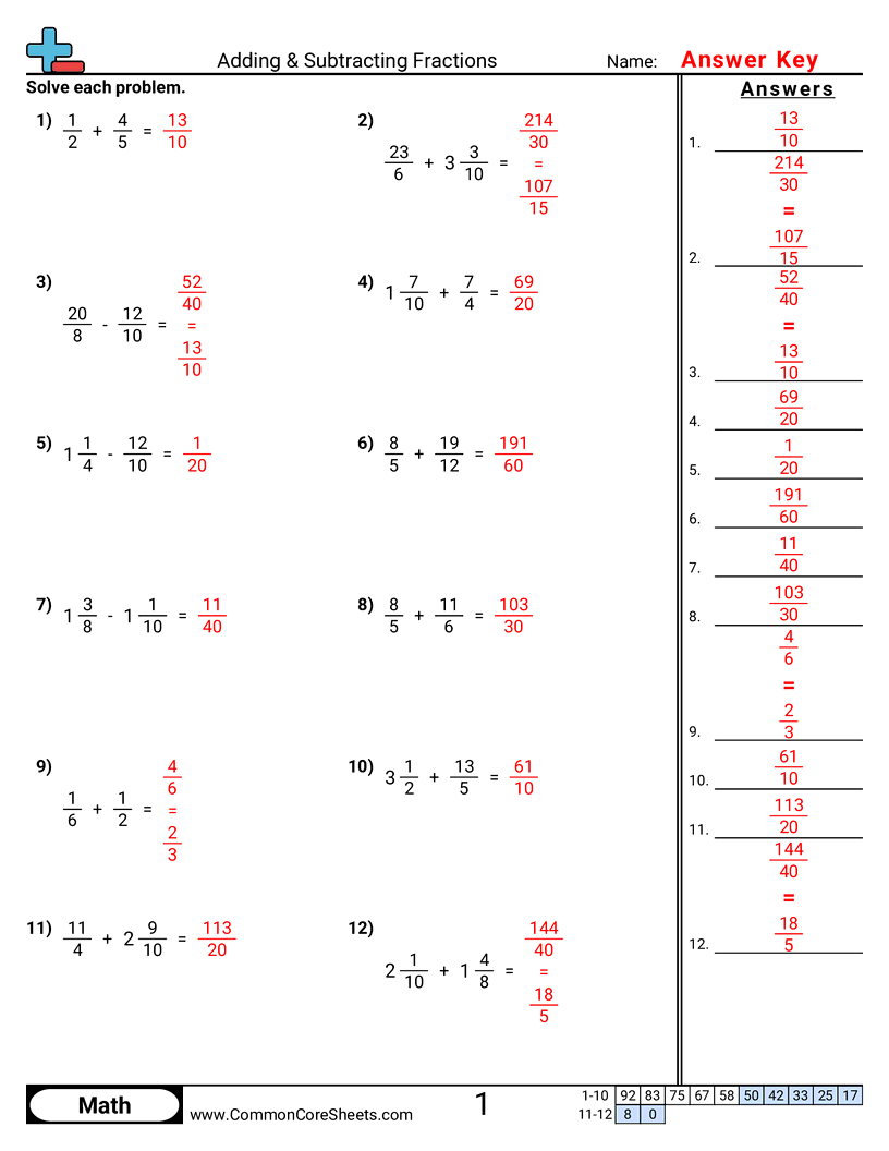 Fraction Worksheets - different-denominator worksheet