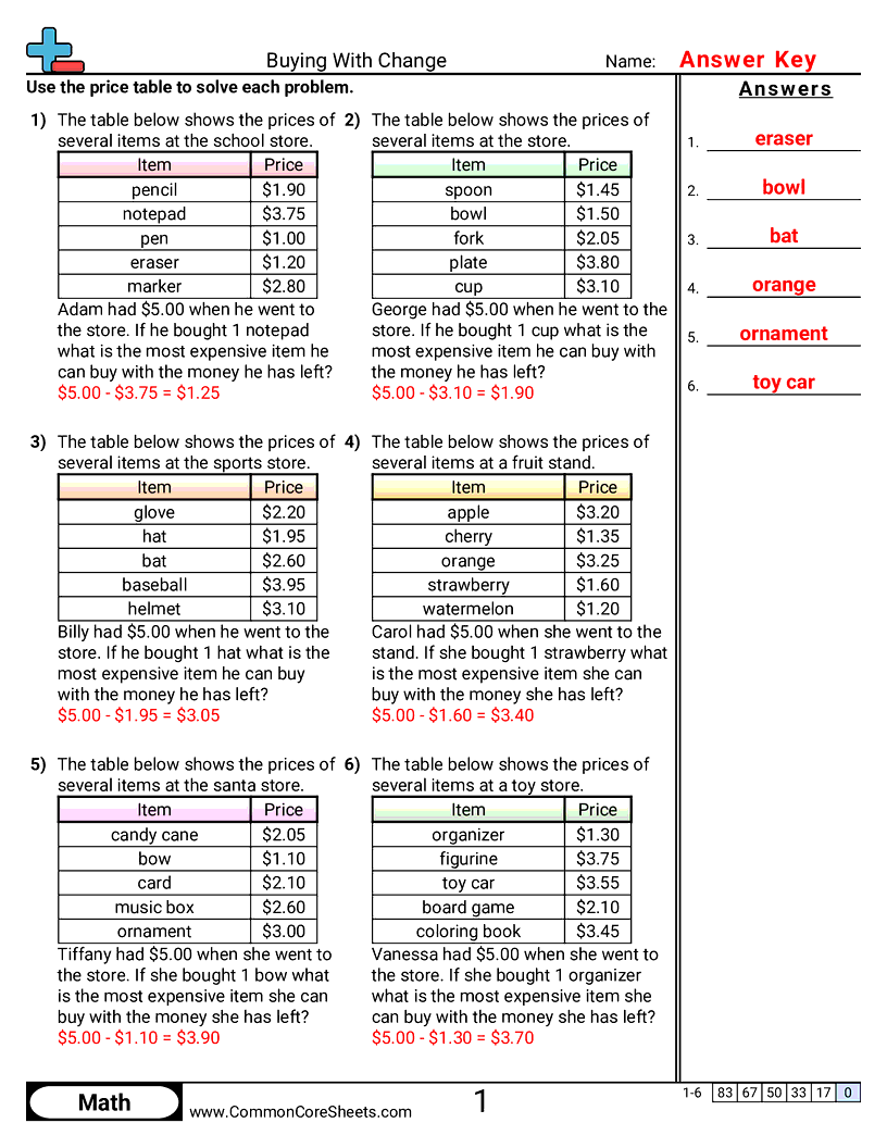 Money Worksheets - buying-with-change worksheet
