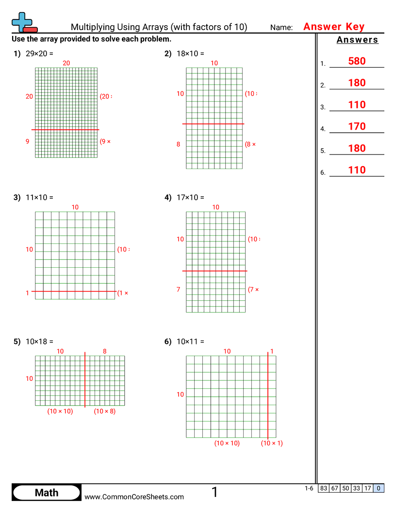 Multiplication Worksheets - multiplying-using-arrays-with-factors-of-10 worksheet