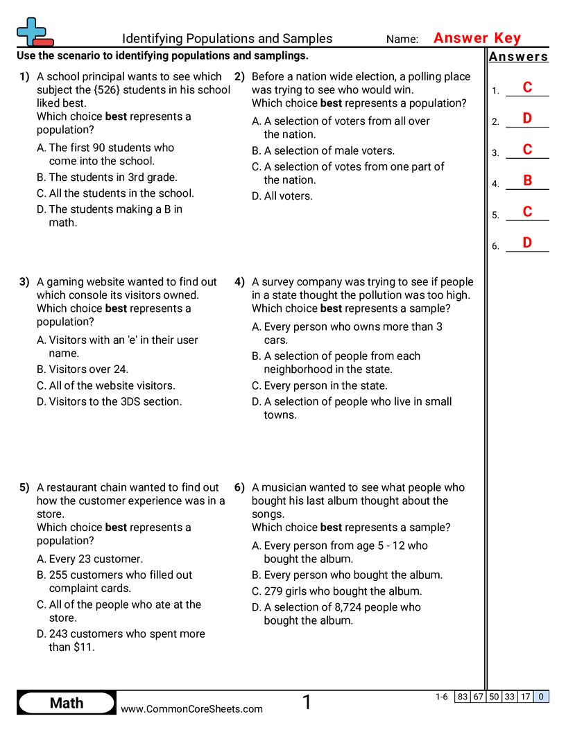 Statistics Worksheets - identifying-populations-and-samples worksheet