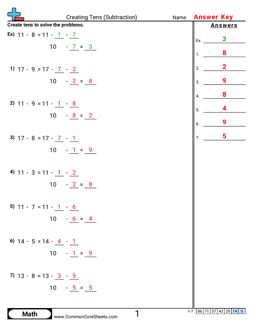 Subtraction Worksheets - creating-tens worksheet