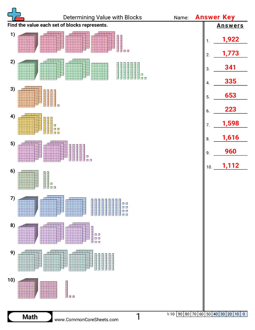 Value & Place Value Worksheets - Determining Value (with 1000 blocks) worksheet