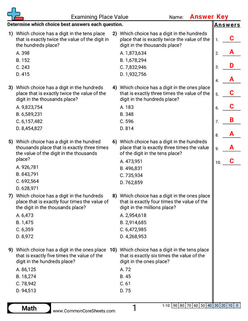 Value & Place Value Worksheets - Examining Place Value worksheet