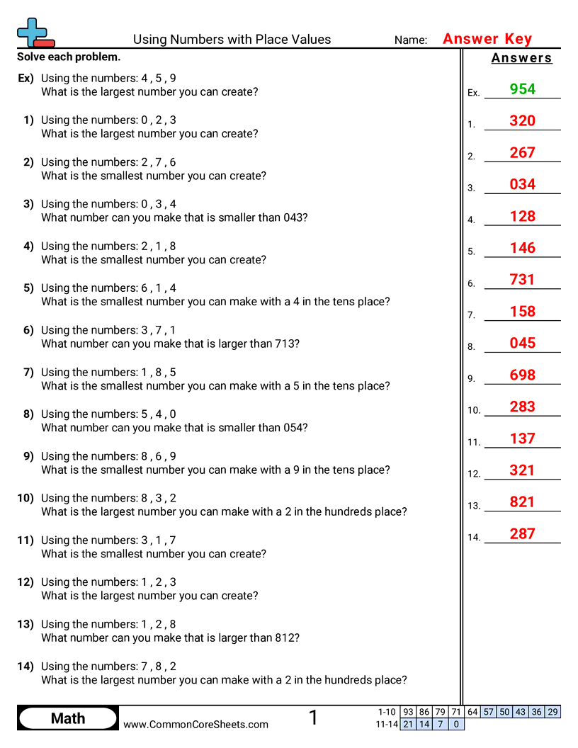 Value & Place Value Worksheets - Using Number with Place Values worksheet