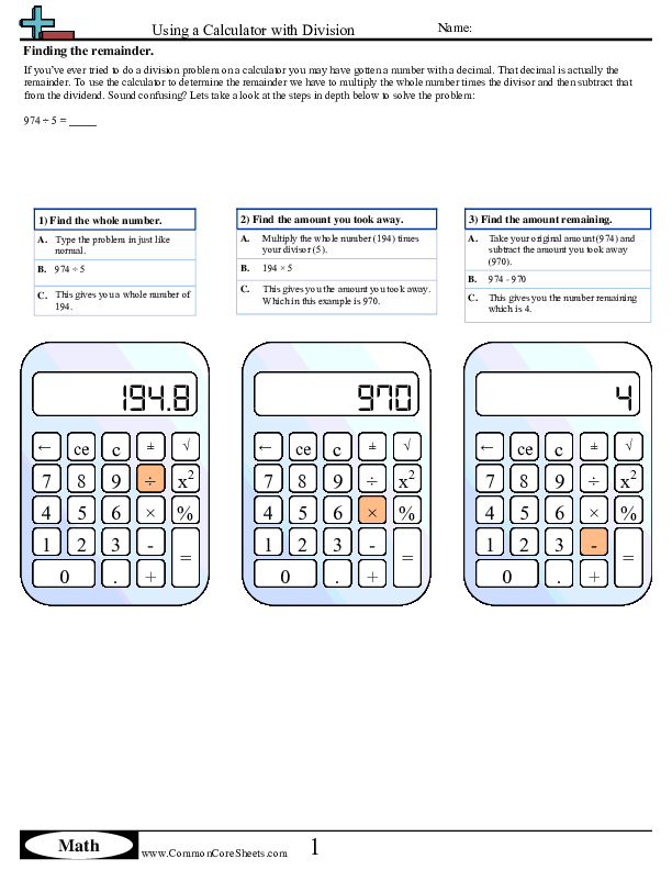 Cheat Sheets - using-a-calculator-with-division-finding-remainder worksheet