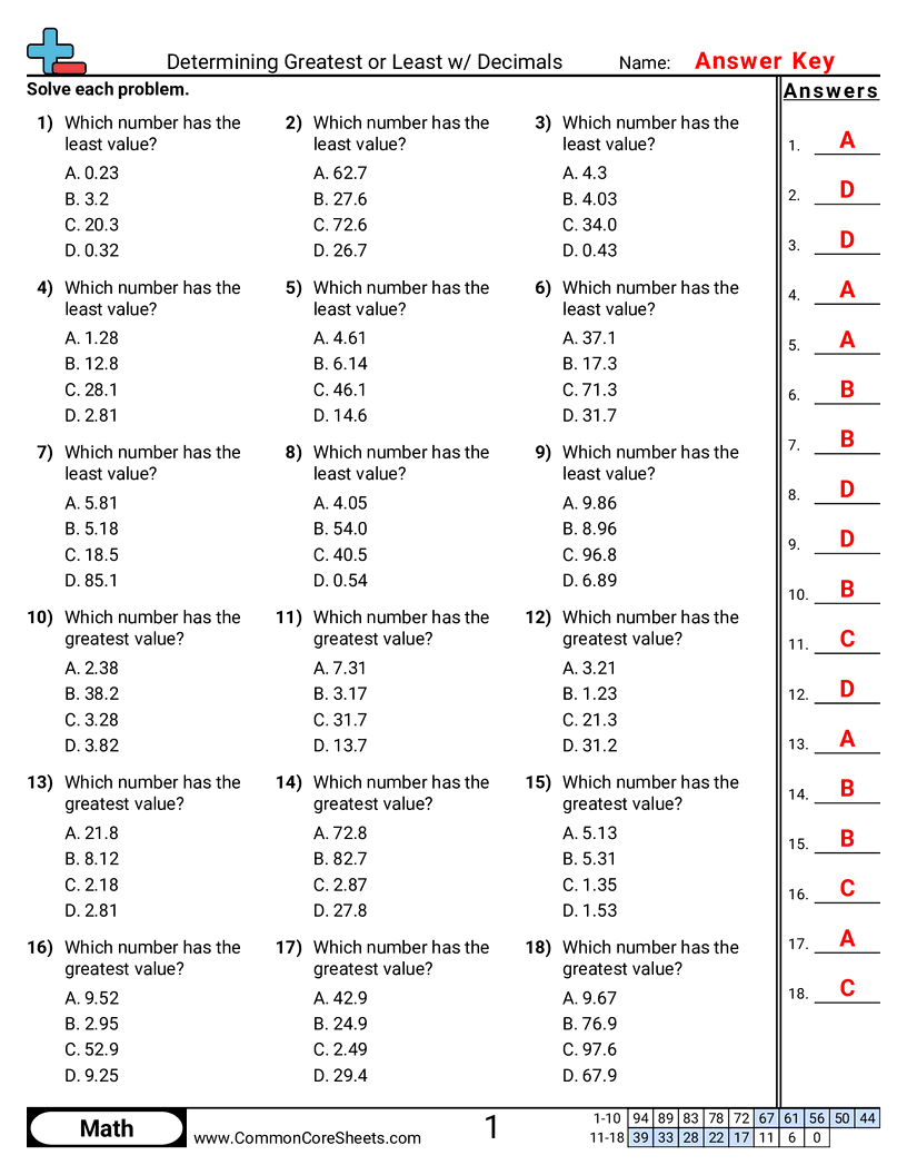 comparing decimals Worksheets - determining-greater-or-less-value worksheet
