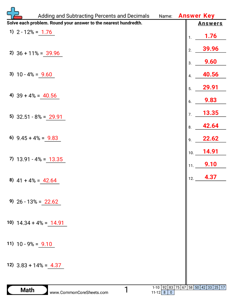 Percent Worksheets - adding-and-subtracting-percents-and-decimals worksheet