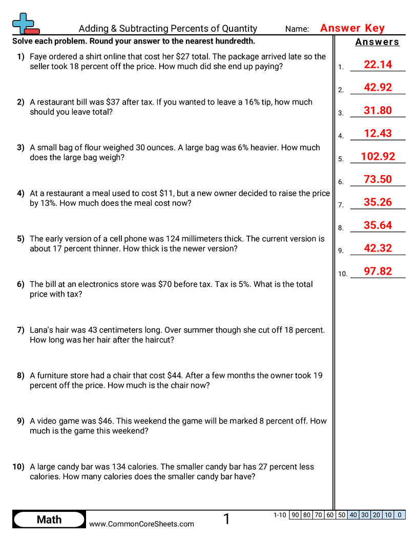 Percent Worksheets - adding-and-subtracting-percents-of-a-quantity worksheet