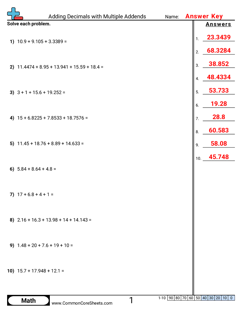 5th Grade Decimal Worksheets - adding-multiple-addends worksheet