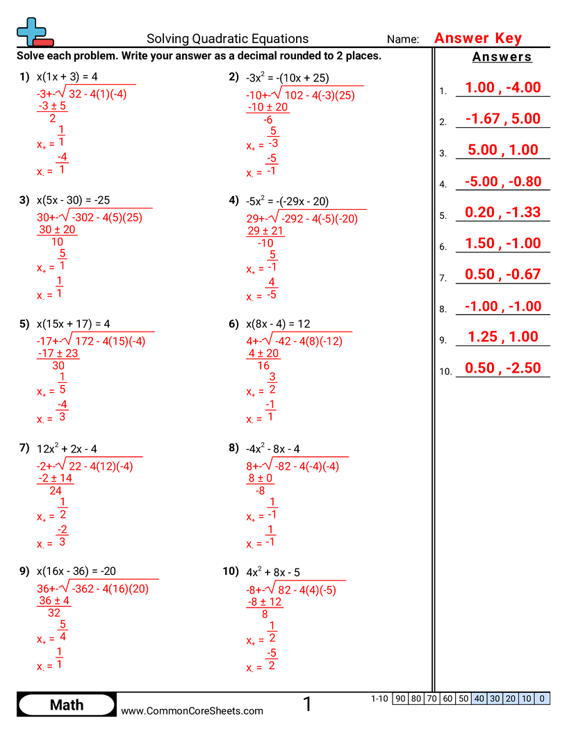 equations Worksheets - Solving Quadratic Equations worksheet